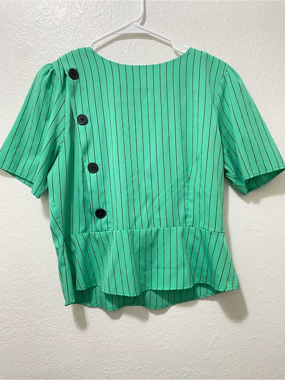 Green Striped Peplum Top with Button Detail